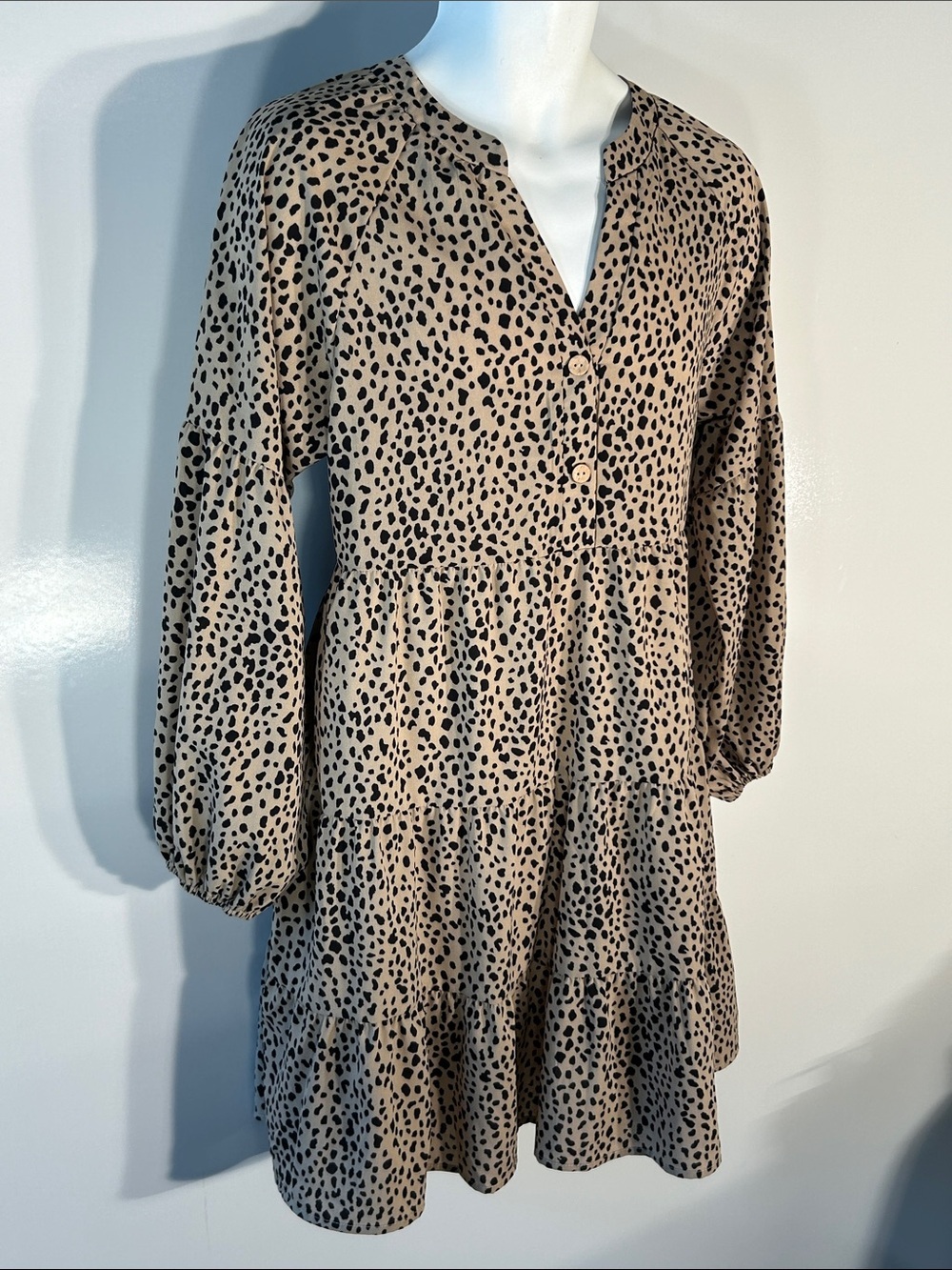 Beige & Black Print SZ M Baby Doll Dress Comfy Career Casual Relaxed Fit 70's